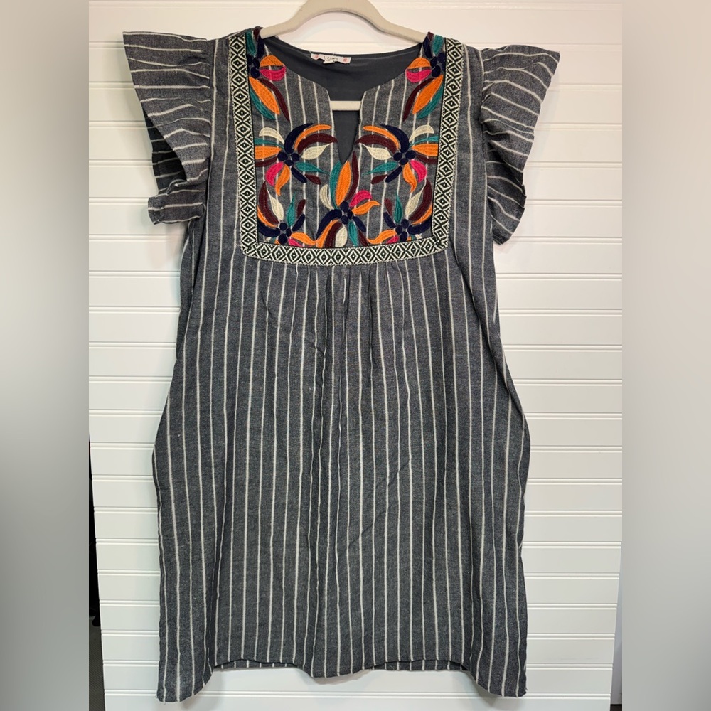 Striped Midi Dress with Colorful Embroidered Bib - Gray